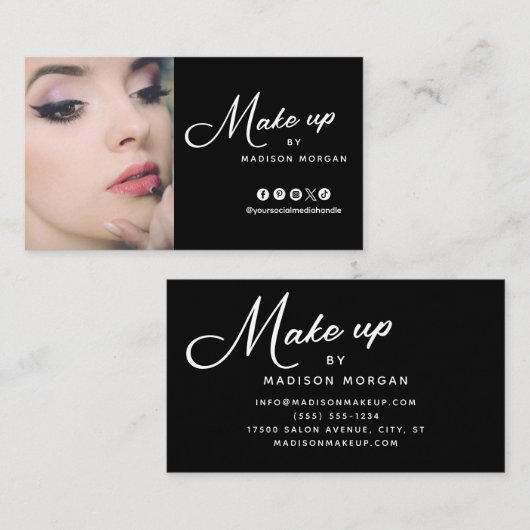 Zwart & Wit Retro Script Foto Make-up Visitekaartje (Voorkant / Achterkant)