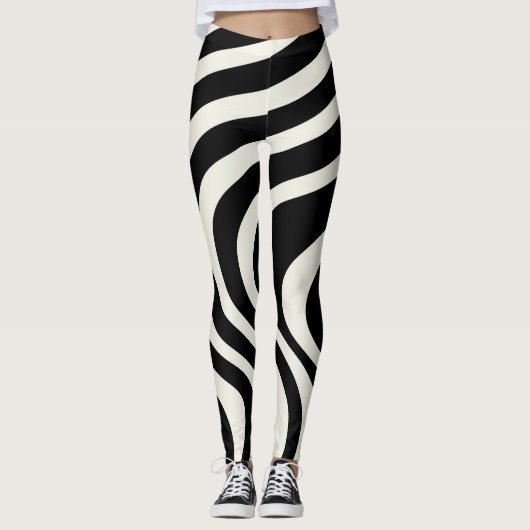 Zwart-wit retro stijl golven leggings (Voorkant)