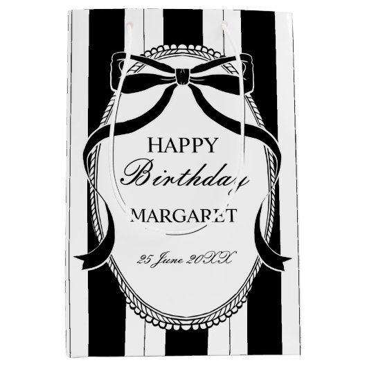 Zwart-wit retro strepen boog verjaardag gewoonte medium cadeauzakje (Voorkant)