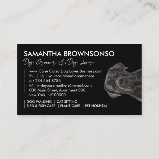 Zwart wit riet corso hond visitekaartje (Achterkant)