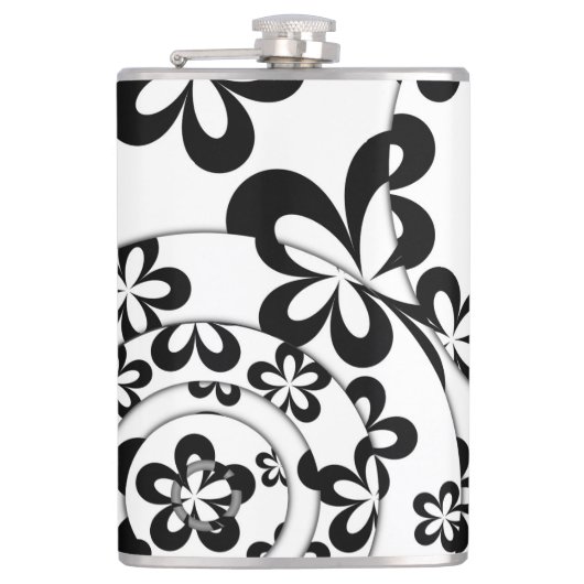 Zwart-wit ringen en bloemen heupfles (Voorkant)