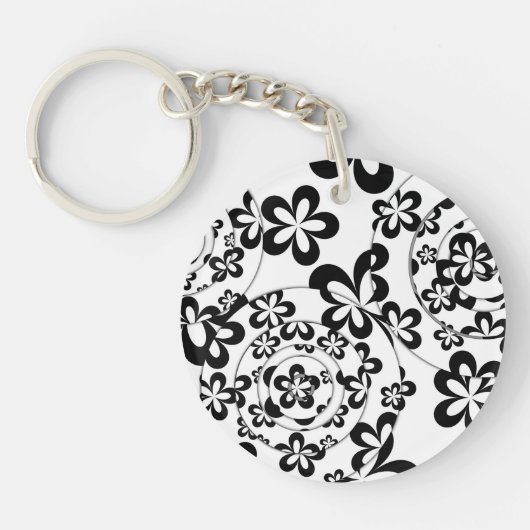 Zwart-wit ringen en bloemen sleutelhanger (Voorkant)