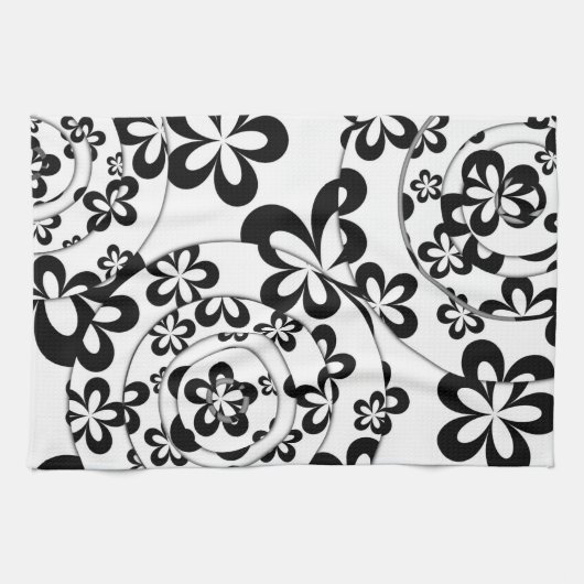 Zwart-wit ringen en bloemen theedoek (Horizontaal)