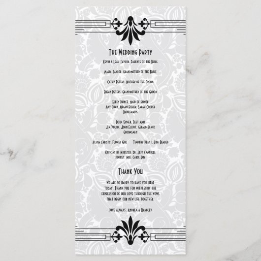 Zwart Wit Roaring 20s Art Deco Trouwprogramma Programmakaart (Achterkant)