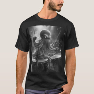 Zwart-wit Rock Stage Octopus Drummer T-Shirt
