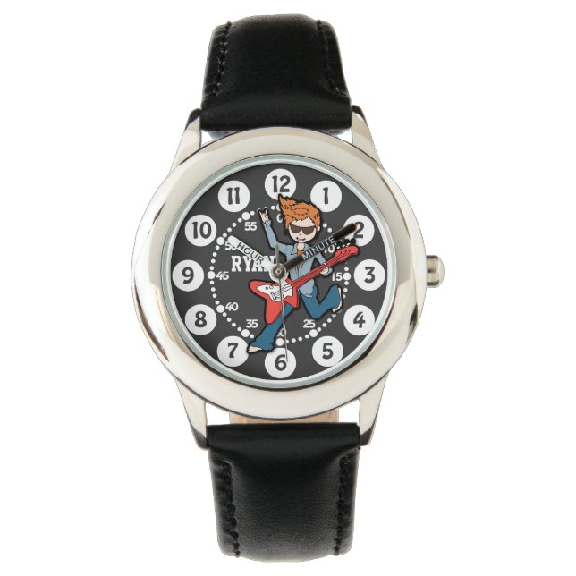 Zwart wit rockstar gitaar jongen genaamd polshorlo horloge (Voorkant)