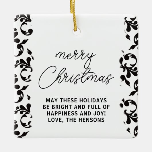 Zwart-wit Rococo Merry-kerstscript Keramisch Ornament (Voorkant)