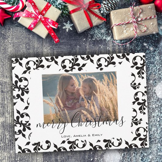Zwart Wit Rococo Prettig Kerst Script Foto Feestdagenkaart