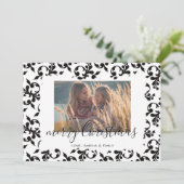 Zwart Wit Rococo Prettig Kerst Script Foto Feestdagenkaart (Staand voorkant)