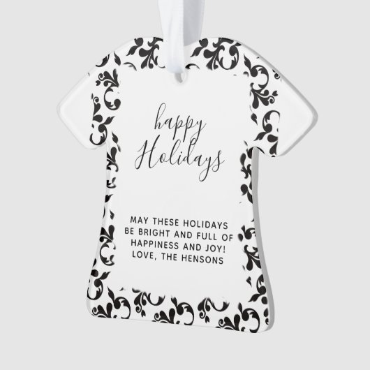 Zwart-wit Rococo Prettige feestdagen script Ornament (voorkant)