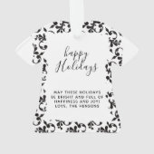 Zwart-wit Rococo Prettige feestdagen script Ornament (achterkant)