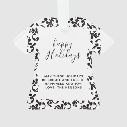 Zwart-wit Rococo Prettige feestdagen script Ornament (achterkant)