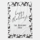 Zwart-wit Rococo Prettige feestdagen script Theedoek (Verticaal)