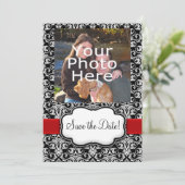 Zwart/Wit/Rode Lint Damast Save the Date (Staand voorkant)