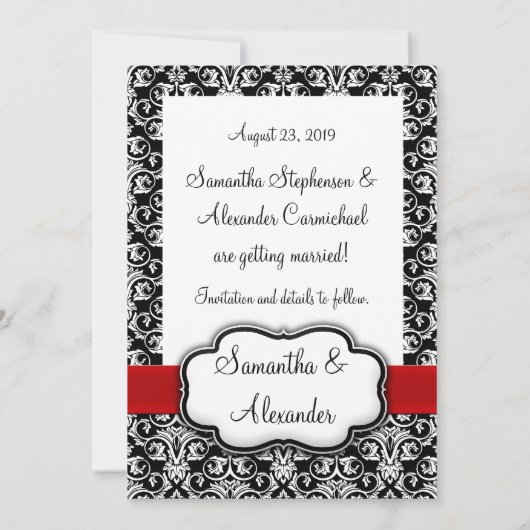 Zwart/Wit/Rode Lint Damast Save the Date (Achterkant)