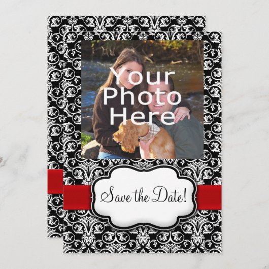 Zwart/Wit/Rode Lint Damast Save the Date (Voorkant / Achterkant)