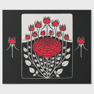 ZWART WIT RODE ROZEN, ROZENKNOPPEN Art Nouveau Blo Cadeaupapier