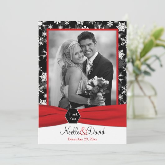Zwart, Wit, Rode Sneeuwvlokken Dankkaart - Plat Bedankkaart (Staand voorkant)