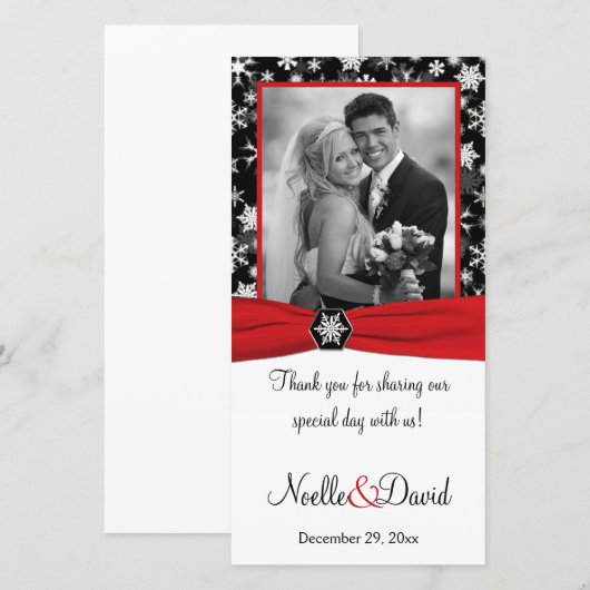 Zwart, Wit, Rode Sneeuwvlokken Huwelijksfotokaart Bedankkaart (Voorkant / Achterkant)