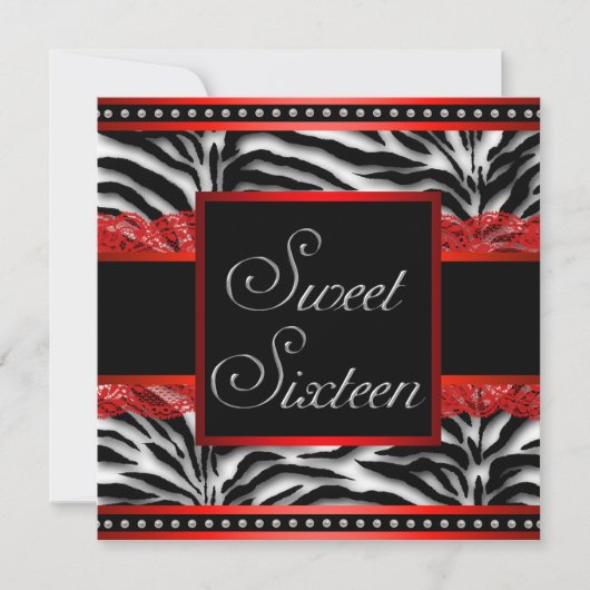 Zwart Wit Rode Zebra Sweet 16 Feest Kaart (Voorkant)
