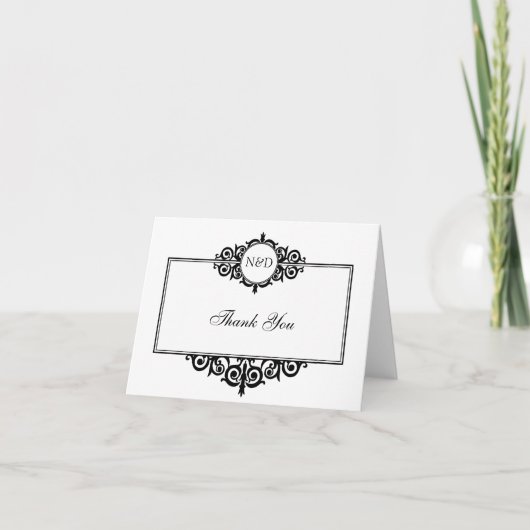 Zwart-wit rolwerk kader monogram dank je brief bedankkaart (Voorkant)