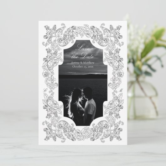 Zwart & Wit Romantisch Barok Foto Save The Date (Staand voorkant)
