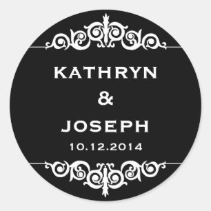 Zwart wit romantisch elegant scroll bruiloft gunst ronde sticker
