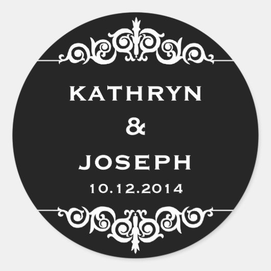 Zwart wit romantisch elegant scroll bruiloft gunst ronde sticker (Voorkant)
