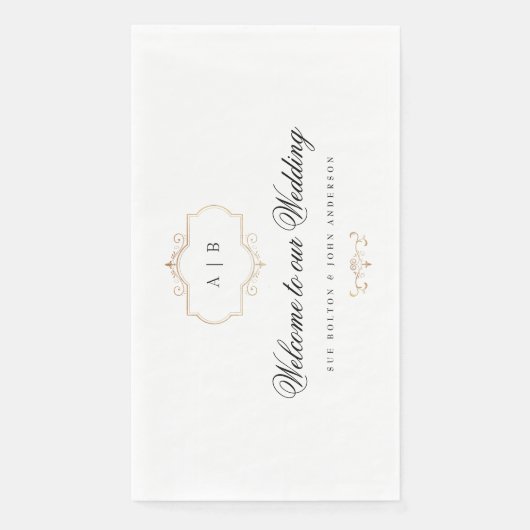 Zwart wit romantisch klassiek goud monogram bruilo servet (Voorkant)