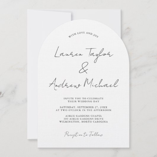 Zwart-wit romantische moderne boog bruiloft kaart (Voorkant)