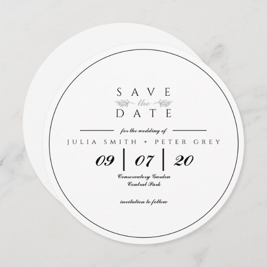 Zwart-wit rond sparen de datumuitnodiging kaart (Voorkant / Achterkant)