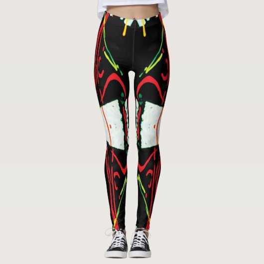 Zwart Wit Rood Abstract Spatten Leggings (Voorkant)