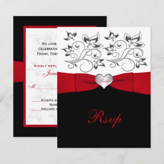 Zwart Wit Rood BEDRUKT LINT Bloemen Antwoorden Kaa RSVP Kaartje (Voorkant / Achterkant)