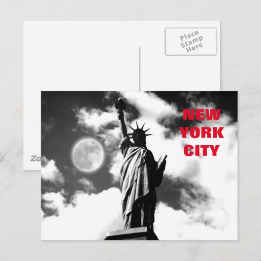 Zwart-wit rood beeld van de Vrijheid New York City Briefkaart (Voorkant / Achterkant)