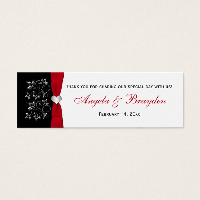 Zwart, Wit, Rood Bloemen, Hart bruiloft gunst Labe Mini Visitekaartjes (Voorkant)