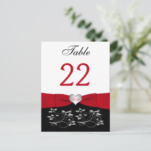 Zwart Wit Rood Bloemen, Hart Tafel Nummer Kaart (Staand voorkant)