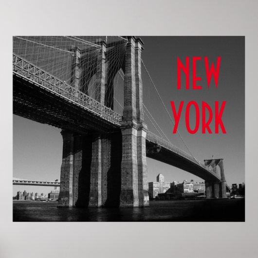 Zwart Wit Rood Brooklyn Bridge New York Stad Poster (Voorkant)