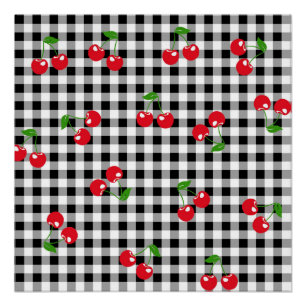 Zwart-wit rood Cherry Gingham Patroon Perfect Poster