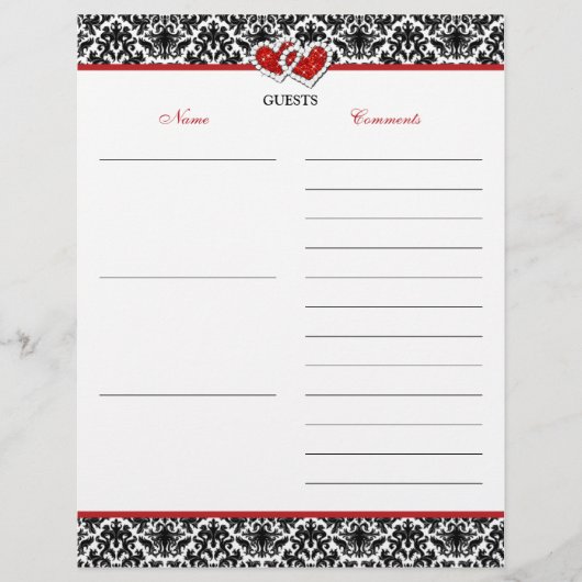 Zwart-wit rood Damascus, Hearts Guest Book Paper (Voorkant)