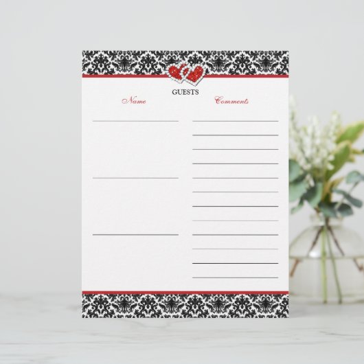 Zwart-wit rood Damascus, Hearts Guest Book Paper (Staand voorkant)