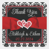 Zwart, Wit, Rood Damask Liefde Harten Bruiloft Fav Vierkante Sticker (Voorkant)