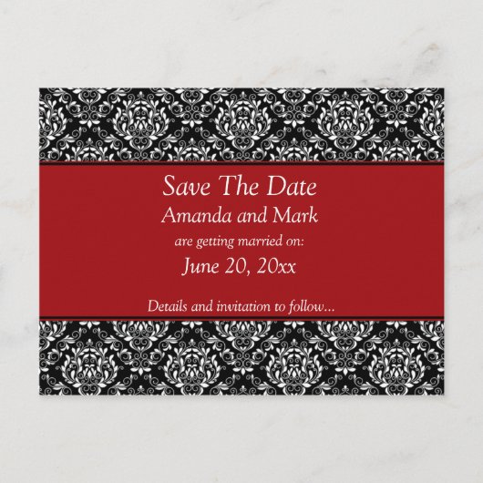 Zwart Wit Rood Damask Save the Date Aankondigingskaart (Voorkant)