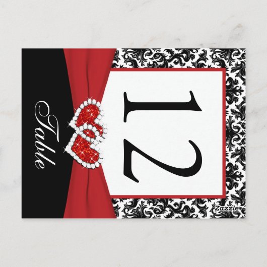 Zwart, Wit, Rood Damask Tafelnummer Post Kaart (Achterkant)