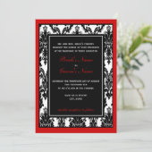 Zwart Wit Rood Damast Bruiloft Kaart (Staand voorkant)