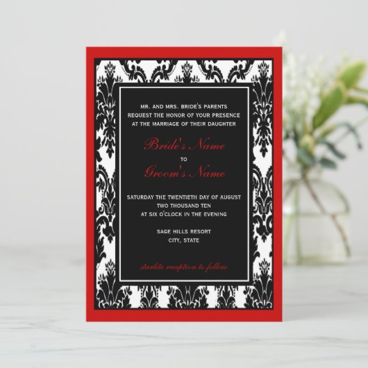 Zwart Wit Rood Damast Bruiloft Kaart (Staand voorkant)