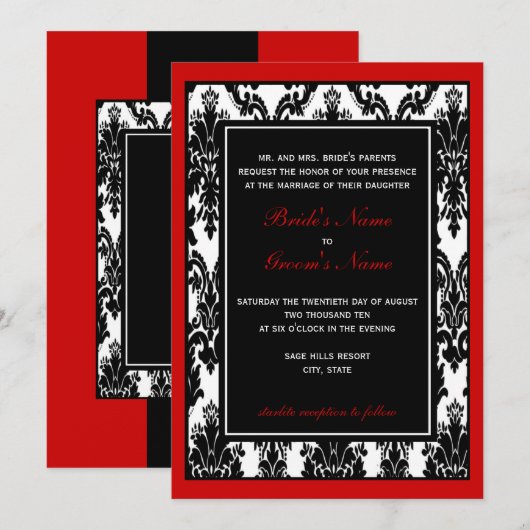 Zwart Wit Rood Damast Bruiloft Kaart (Voorkant / Achterkant)