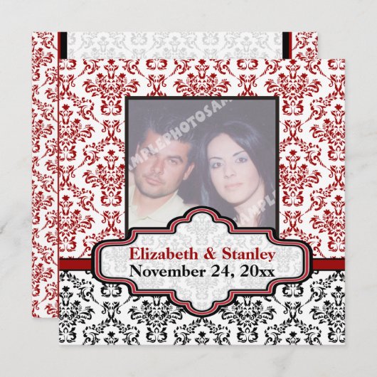 Zwart wit rood damast bruiloft Save the Date (Voorkant / Achterkant)
