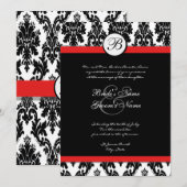 Zwart Wit Rood Damast bruiloft uitnodiging (Voorkant / Achterkant)