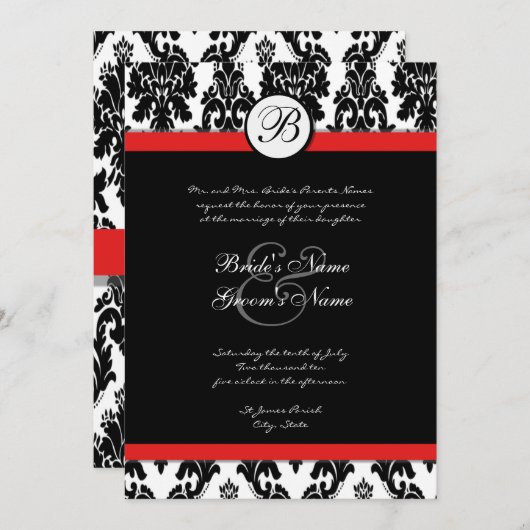 Zwart Wit Rood Damast bruiloft uitnodiging (Voorkant / Achterkant)
