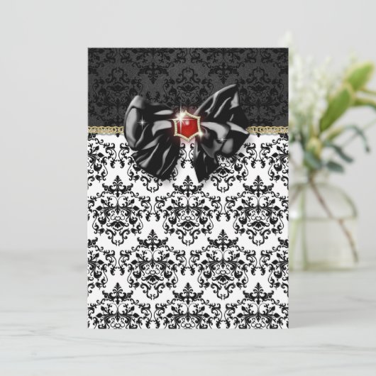Zwart wit rood damast elegant kaart (Staand voorkant)